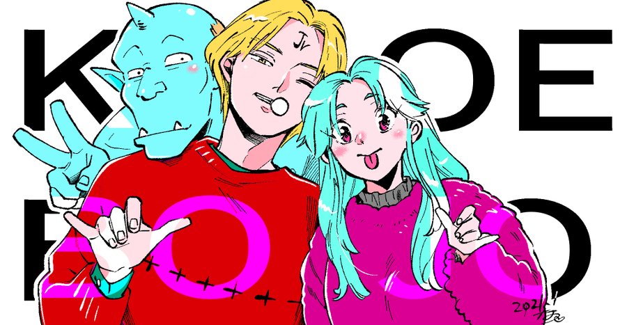 1girl, 2boys, :p, aqua_hair, blonde_hair, blue_hair, blue_skin, blush