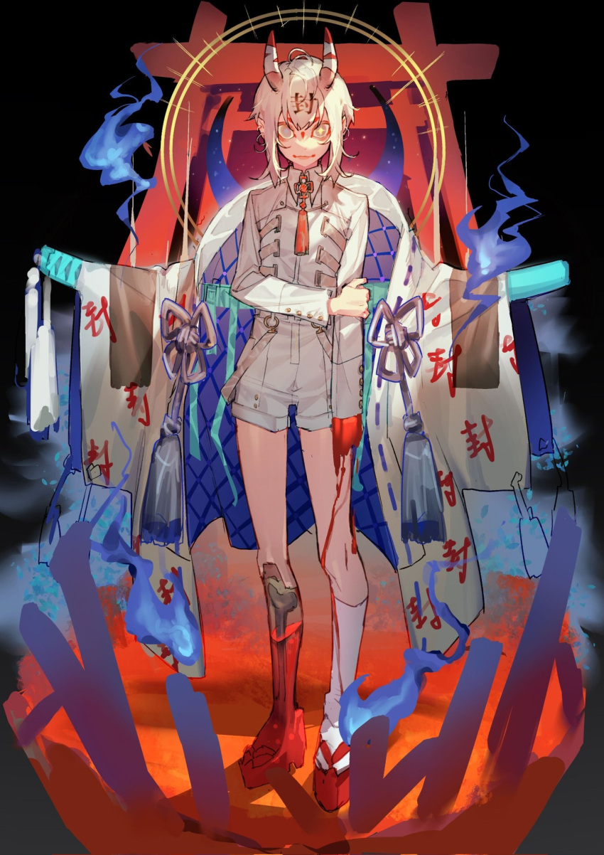 1boy, antenna_hair, bandaged_horns, blood, blood_on_clothes, blood_on_hands, blood_on_leg, blue_pupils, bone, closed_mouth, crescent, earrings, facial_mark, floating, floating_clothes, grey_eyes, heterochromia, highres, hitodama, holding_own_arm, horns, jewelry, katana, looking_at_viewer, male_focus, o-ring, oni, ootachi, original, pointy_ears, red_horns, red_tassel, scabbard, sheath, sheathed, sketch, smile, solo, soono_(rlagpfl), standing, star-shaped_pupils, star_(symbol), sword, symbol-shaped_pupils, tassel, torii, weapon, white_hair, wide-eyed, yellow_pupils