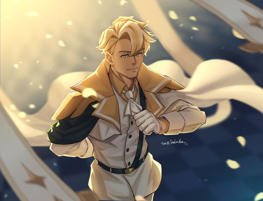 1boy, arm_behind_back, ascot, belt, blonde_hair, cape, clotted_cream_cookie, cookie_run