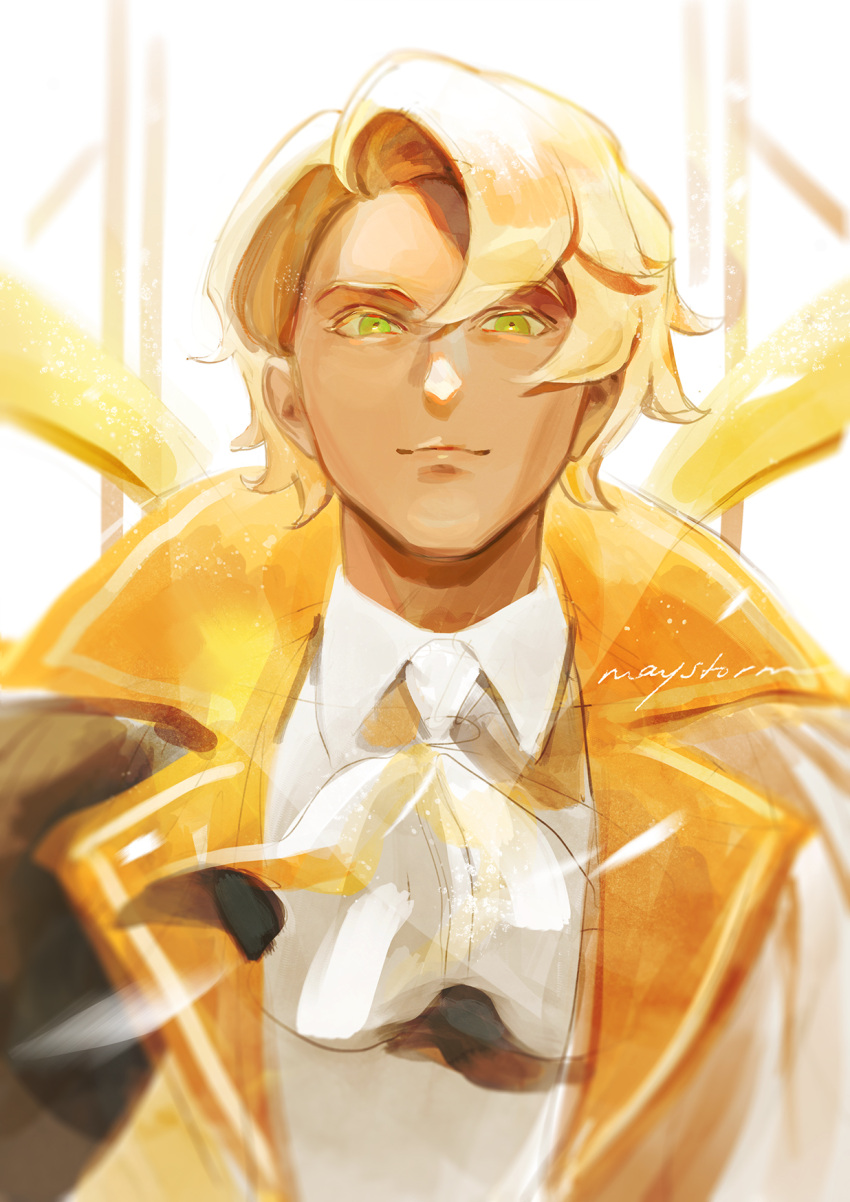 1boy, artist_name, ascot, blonde_hair, blurry, clotted_cream_cookie, cookie_run, green_eyes