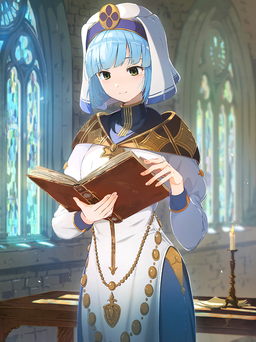 1girl, bangs, blue_hair, book, candle, candlestand, closed_mouth, dress, fire_emblem, fire_emblem_echoes:_shadows_of_valentia, green_eyes, holding, holding_book, indoors, light_particles, long_sleeves, reading, short_hair, silque_(fire_emblem), solo, standing, turtleneck, veil, wooden_table, yoshitake
