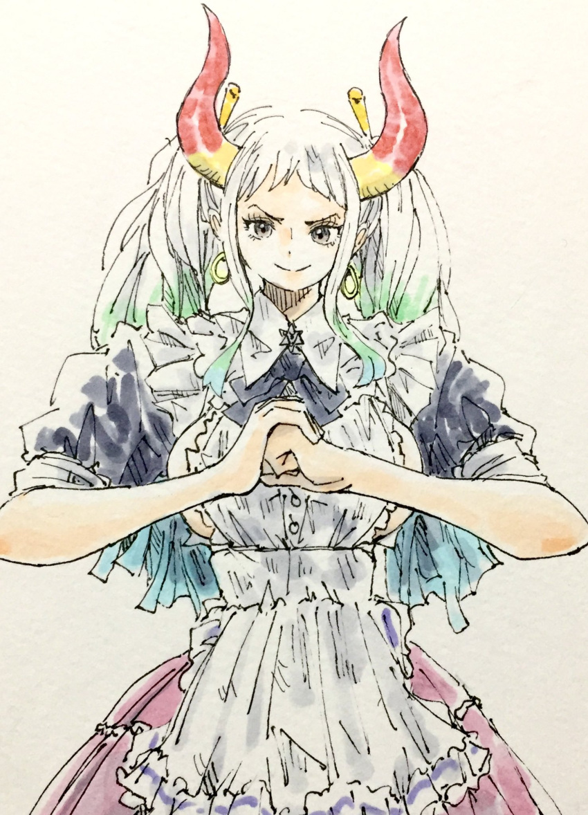 1girl, bangs, breasts, club_(weapon), collared_shirt, curled_horns, earrings, eyebrows, eyelashes, hair_ornament, hair_stick, highres, horns, jewelry, kanabou, large_breasts, maid, multicolored_horns, one_piece, oni, orange_horns, own_hands_together, painting_(medium), puipui_(gamename), red_horns, rope, shimenawa, shirt, simple_background, traditional_media, watercolor_(medium), weapon, yamato_(one_piece), yellow_horns