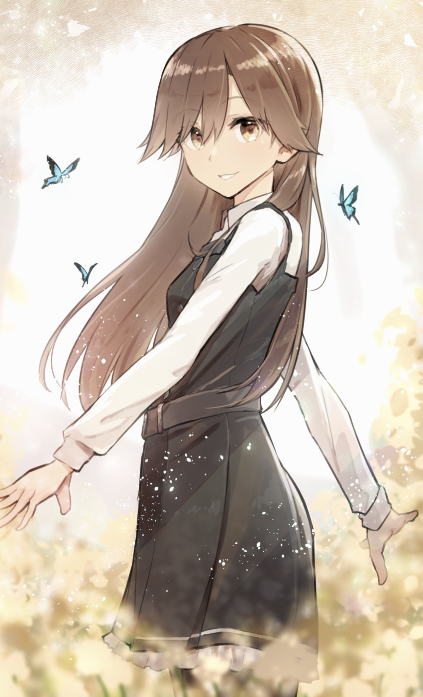 1girl, animal, arashio_(kancolle), arashio_kai_ni_(kancolle), banned_artist, black_dress, black_legwear, brown_eyes