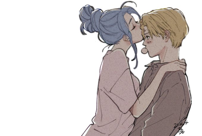 1boy, 1girl, alternate_hairstyle, blue_hair, blush, botan_(yu_yu_hakusho), brown_hair, brown_shirt