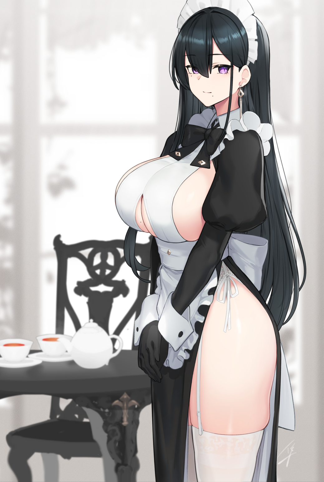 1girl, apron, bangs, black_dress, black_hair, blush, bow, bowtie