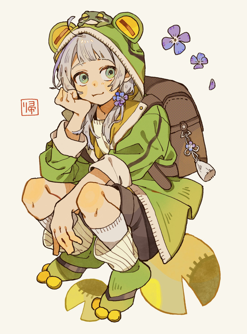 1girl, :3, ahoge, animal, animal_hood, backpack, bag, between_legs