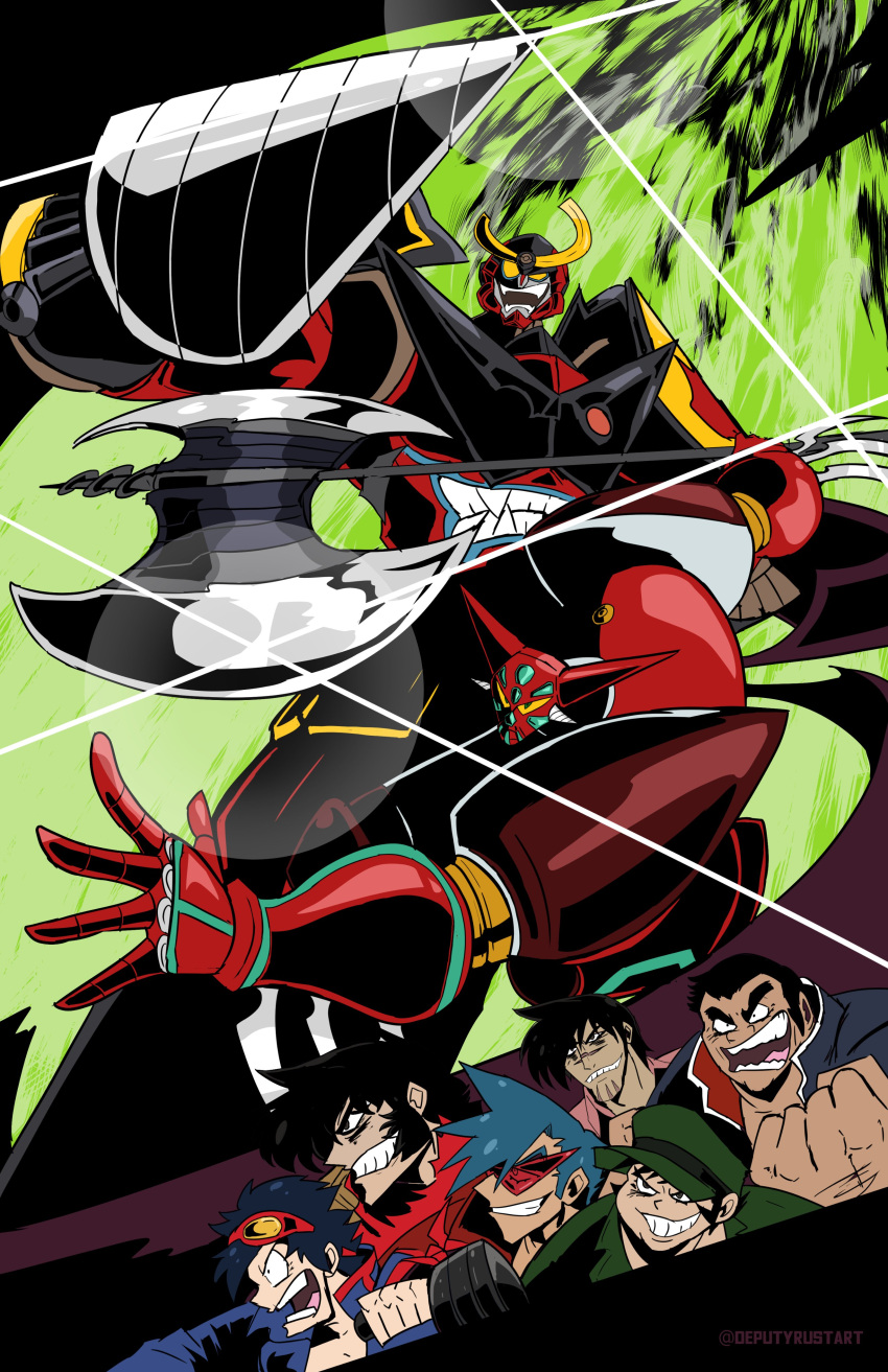6+boys, absurdres, bandages, benkei_kuruma, black_hair, blue_hair, clenched_hands, crossover