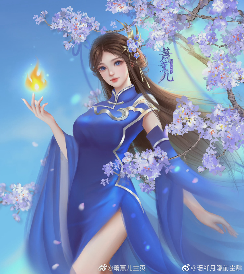 1girl, absurdres, blue_dress, blue_sky, branch, brown_hair, doupo_cangqiong, dress, fire, flower, gu_xun_er_(doupo_cangqiong), highres, long_hair, outstretched_hand, sky, solo, tree, upper_body, yaoxian_yue_yin_qian_chensi