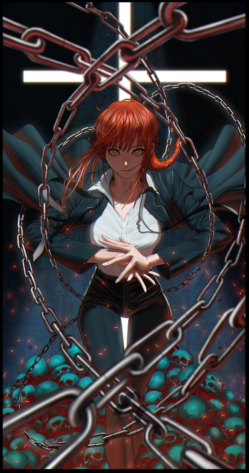 1girl, absurdres, bangs, black_cat207, black_jacket, black_pants, black_suit, blurry