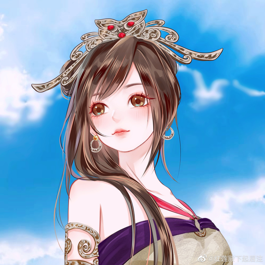 1girl, absurdres, bare_shoulders, blue_sky, blush, brown_hair, chi_lian_(qin_shi_ming_yue), dress