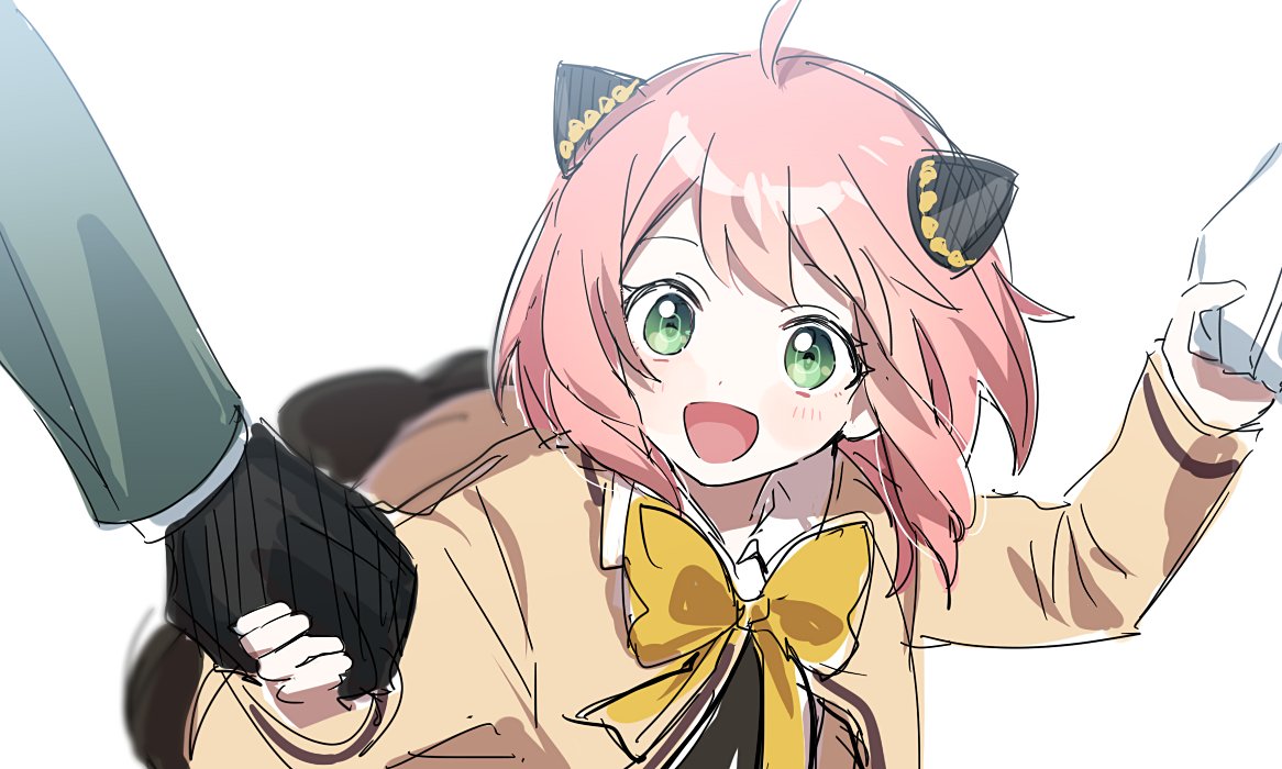 1boy, 2girls, :d, ahoge, anya_(spy_x_family), bow, bowtie, cardigan, child, green_eyes, hair_cones, holding_hands, multiple_girls, ok_o_o, pink_hair, school_uniform, simple_background, smile, solo_focus, spy_x_family, twilight_(spy_x_family), yellow_bow, yellow_bowtie, yellow_cardigan, yor_briar