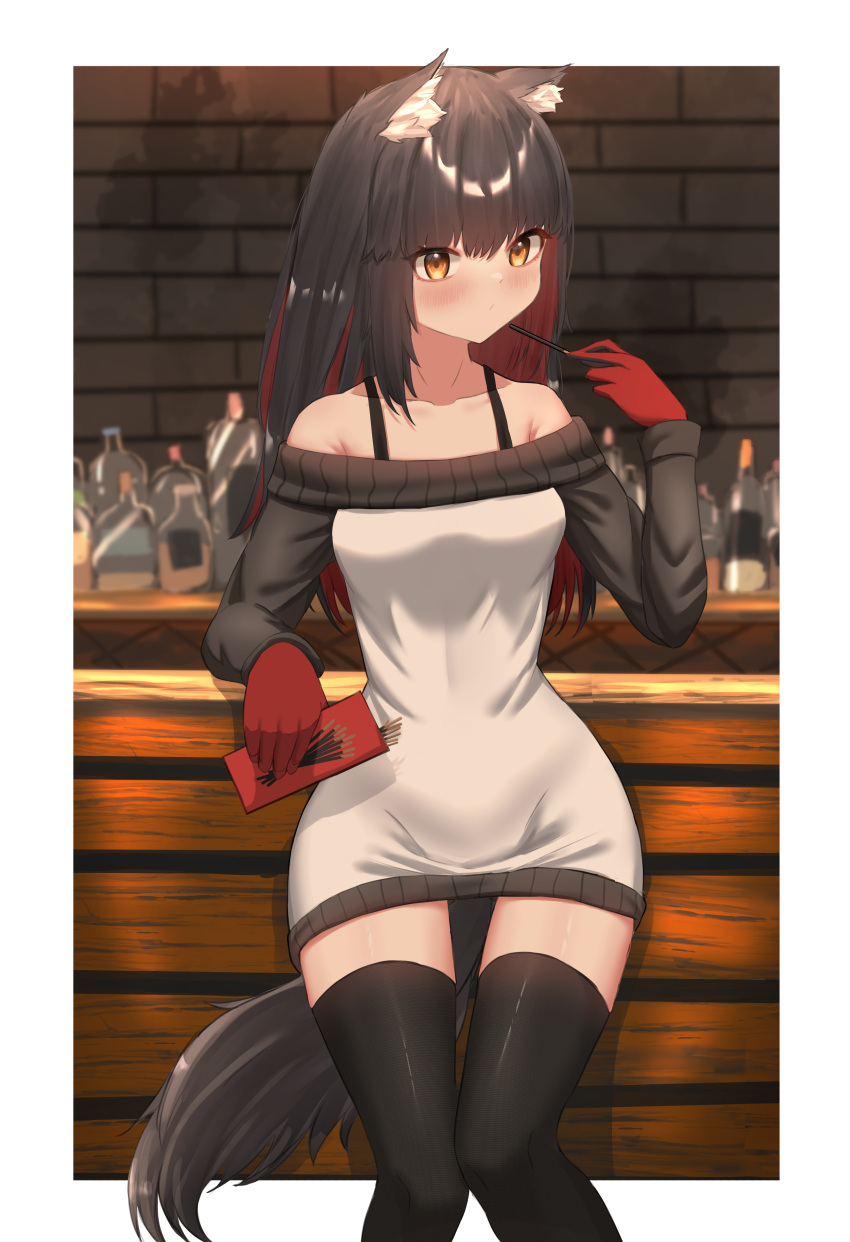 1girl, absurdres, alternate_costume, animal_ear_fluff, animal_ears, arknights, black_hair, black_legwear, border, chewycandy, collarbone, feet_out_of_frame, food, gloves, grey_sweater, highres, holding, holding_food, indoors, long_hair, long_sleeves, nail_polish, off-shoulder_sweater, off_shoulder, outside_border, pocky, red_gloves, redhead, solo, spaghetti_strap, sweater, tail, texas_(arknights), thigh-highs, white_border, wolf_ears, wolf_girl, wolf_tail, yellow_eyes