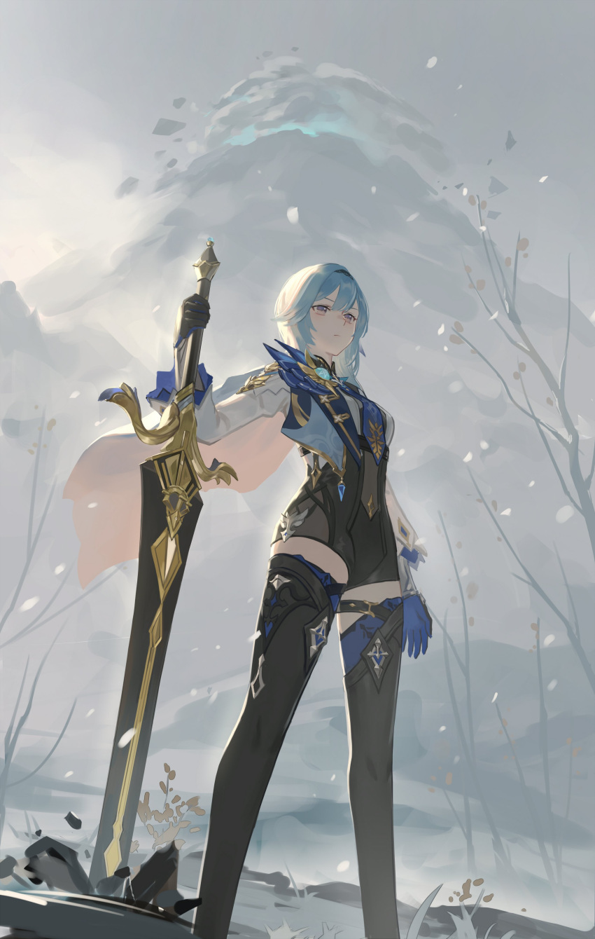 1girl, absurdres, bamboo_nima, black_hairband, blue_gloves, blue_hair, blue_necktie, cape