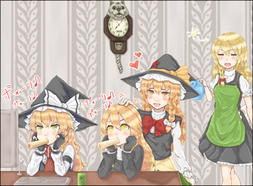4girls, apron, azusa_(cookie), bangs, black_coat, black_headwear, black_vest, blonde_hair, blush, bow, bowtie, braid, brown_eyes, chikuwa, clock, closed_eyes, coat, commentary_request, cookie_(touhou), crossed_bangs, food, food_in_mouth, frilled_hat, frills, gloves, green_apron, green_eyes, haiperion_buzan, hair_between_eyes, hand_on_another's_head, hat, heart, highres, keyboard_(computer), kirisame_marisa, kit-cat_clock, long_hair, long_sleeves, manatsu_no_yo_no_inmu, mars_(cookie), miura_cat, monitor, multiple_girls, open_mouth, partially_fingerless_gloves, red_bow, red_bowtie, red_scarf, rei_(cookie), scarf, shirt, side_braid, single_braid, smile, table, touhou, translation_request, turtleneck, upper_body, uzuki_(cookie), vest, white_bow, white_shirt, witch_hat, yellow_eyes