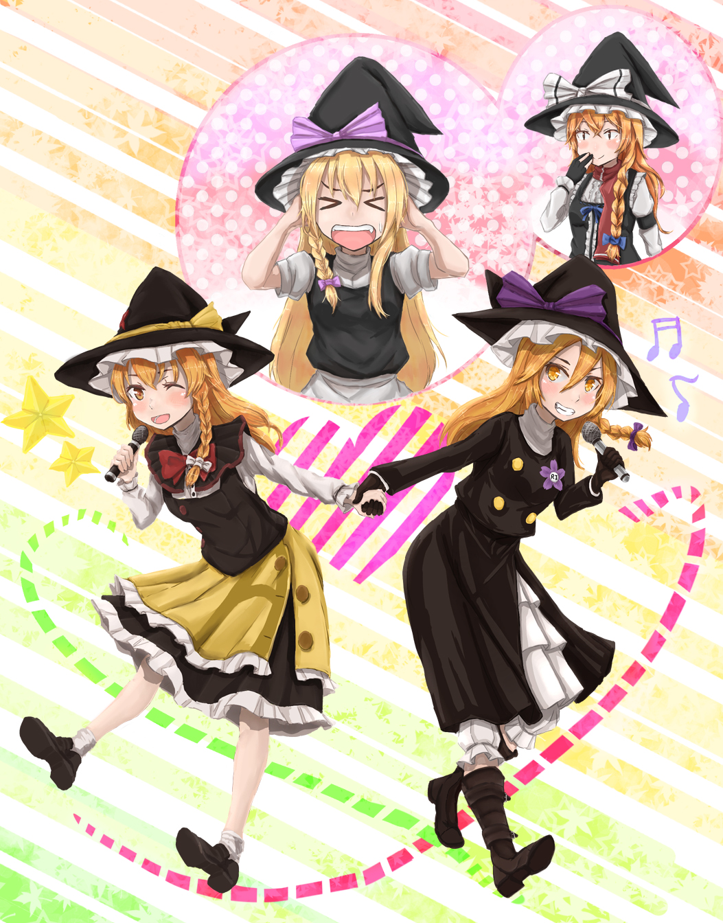 >_<, 4girls, :d, apron, azusa_(cookie), bangs, black_coat, black_footwear