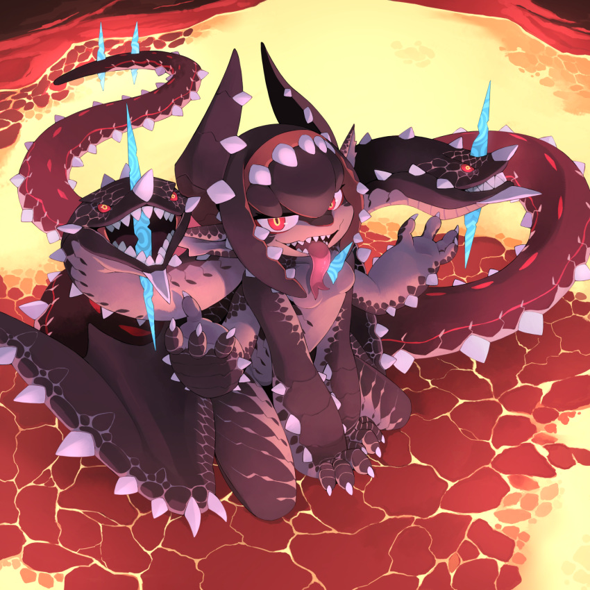 1girl, bad_perspective, between_legs, black_skin, claws, colored_sclera, colored_skin, extra_arms