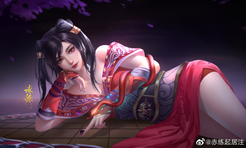 1girl, bare_legs, black_hair, chi_lian_(qin_shi_ming_yue), chi_lian_qiju_zhu, coin, dress, expressions, hand_on_own_face, highres, looking_at_viewer, lying, on_side, qin_shi_ming_yue, red_dress, shorts, solo, upper_body