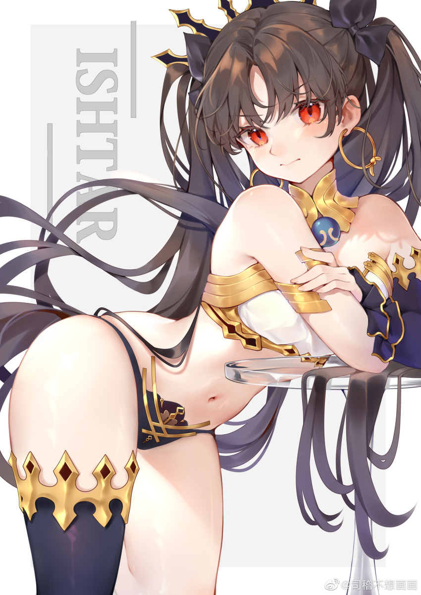 1girl, bangs, black_legwear, black_panties, black_ribbon, blush, bra, breasts, brown_hair, character_name, closed_mouth, cowboy_shot, crossed_arms, detached_sleeves, earrings, eyebrows_visible_through_hair, fate/grand_order, fate_(series), from_side, glass_table, hair_ribbon, highres, hoop_earrings, ishtar_(fate), jewelry, leaning_forward, long_hair, long_sleeves, looking_at_viewer, looking_to_the_side, medium_breasts, moriyama_meiko, navel, neck_ring, panties, red_eyes, ribbon, simple_background, single_thighhigh, solo, stomach, table, thigh-highs, two_side_up, underwear, very_long_hair, white_bra