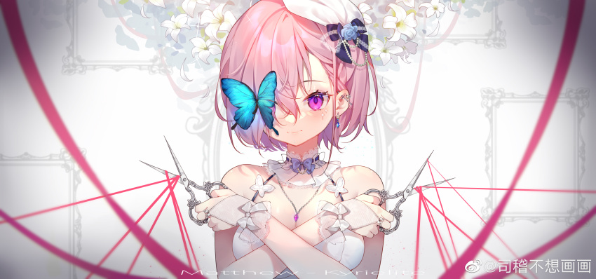 1girl, absurdres, arms_up, bangs, bare_shoulders, blue_bow, blue_butterfly, blush