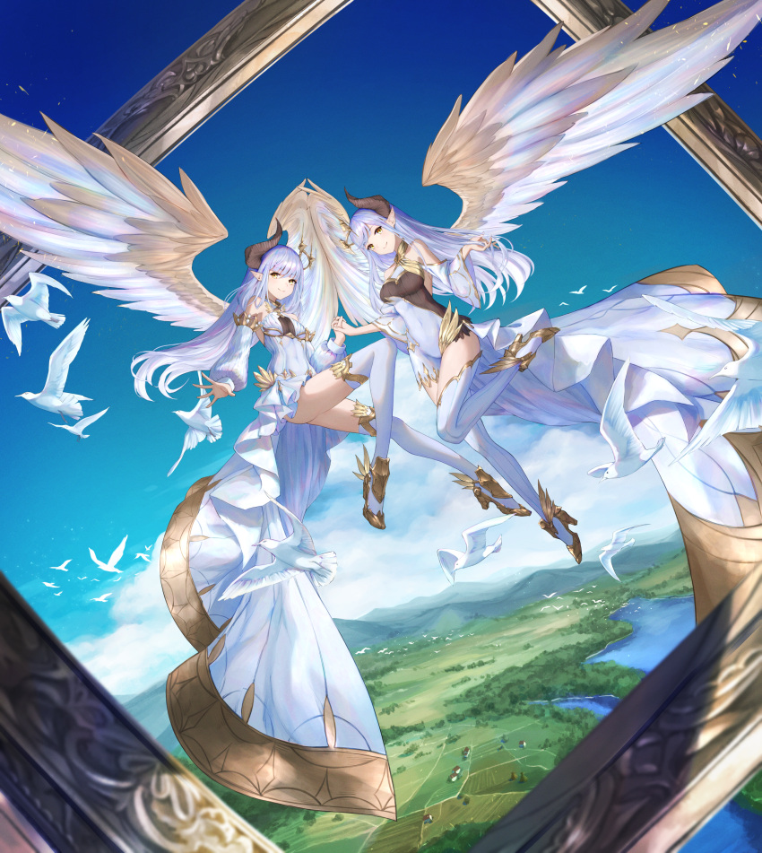 2girls, absurdres, angel, angel_wings, blue_sky, breasts, dress, flying, frilled_dress, frills, high_heels, highres, horns, kiek_qaq, large_breasts, light_purple_hair, long_hair, looking_at_viewer, multiple_girls, off-shoulder_dress, off_shoulder, original, sky, thigh-highs, white_bird, white_dress, white_legwear, wings, yellow_eyes
