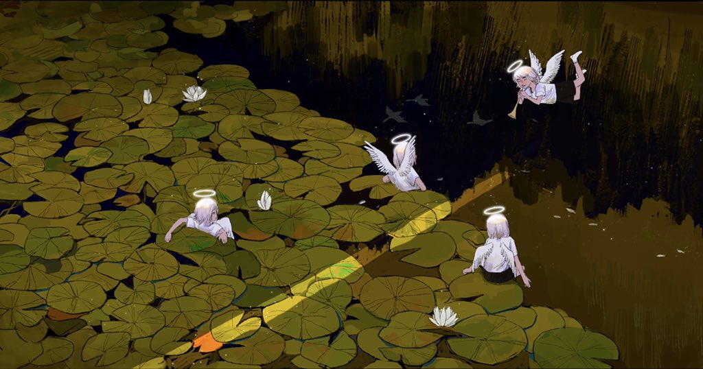 ambiguous_gender, angel, black_shorts, floating, flower, glowing, halo, lily_pad, lotus, medium_hair, original, shadow, shirt, short_sleeves, shorts, white_flower, white_footwear, white_hair, white_shirt, wide_shot, yin_0909