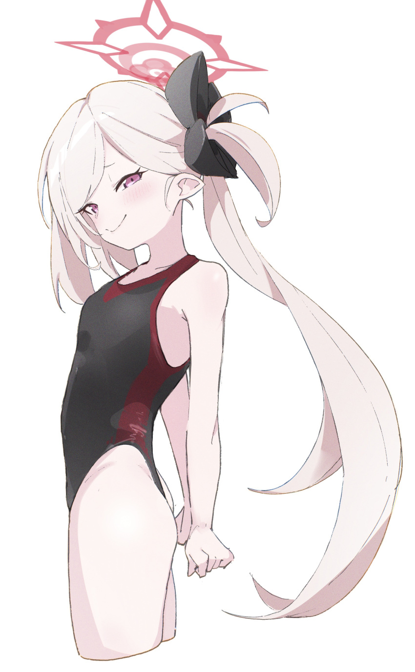 1girl, absurdres, arms_behind_back, bangs, black_swimsuit, blue_archive, blush, cropped_legs