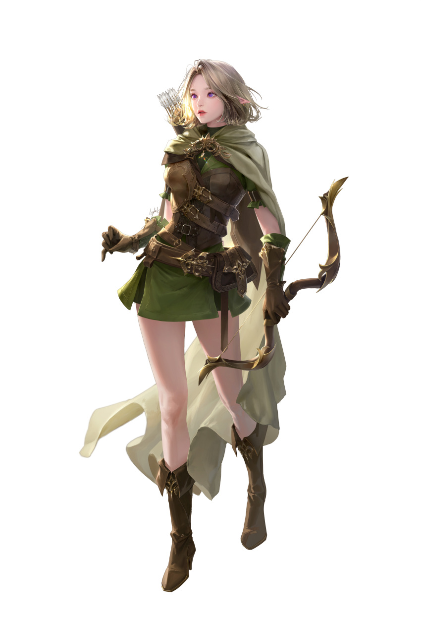 1girl, absurdres, arrow_(projectile), belt, belt_pouch, blonde_hair, boots, bow_(weapon), brown_footwear, brown_gloves, cloak, earrings, elf, eyelashes, fantasy, gem, gloves, green_cloak, grey_background, high_heel_boots, high_heels, highres, holding, holding_weapon, hood, hood_down, hooded_cloak, jewelry, lizchief, long_eyelashes, original, parted_lips, pink_lips, pointy_ears, pouch, quiver, short_hair, signature, simple_background, solo, turtleneck, violet_eyes, weapon