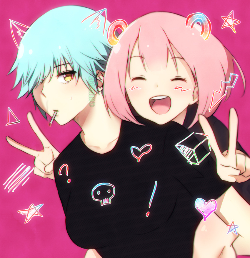 2girls, ^_^, ^o^, aqua_hair, black_shirt, carrying, cigarette, closed_eyes