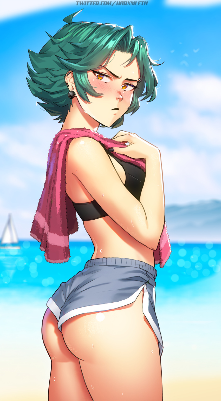 1girl, absurdres, ass, beach, black_nails, black_sports_bra, blush, boat