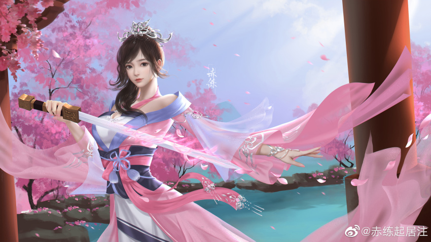 1girl, absurdres, blue_sky, cherry_blossoms, chi_lian_(qin_shi_ming_yue), chi_lian_qiju_zhu, dress, highres