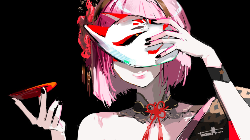 1girl, black_background, black_kimono, black_nails, choker, choko_(cup), covering_face, cup, flower, fox_mask, hair_flower, hair_ornament, highres, hololive, hololive_english, japanese_clothes, kimono, mask, mori_calliope, off_shoulder, pink_hair, pink_lips, red_flower, sakazuki, short_hair, smile, tngkbmarlonqt, two-tone_kimono, virtual_youtuber