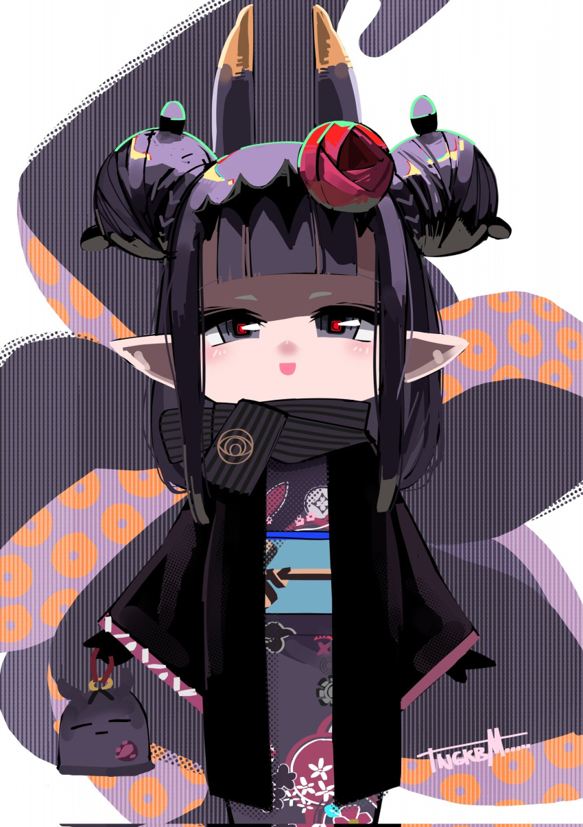 1girl, :d, black_kimono, chibi, coin_purse, commentary, double_bun, flower
