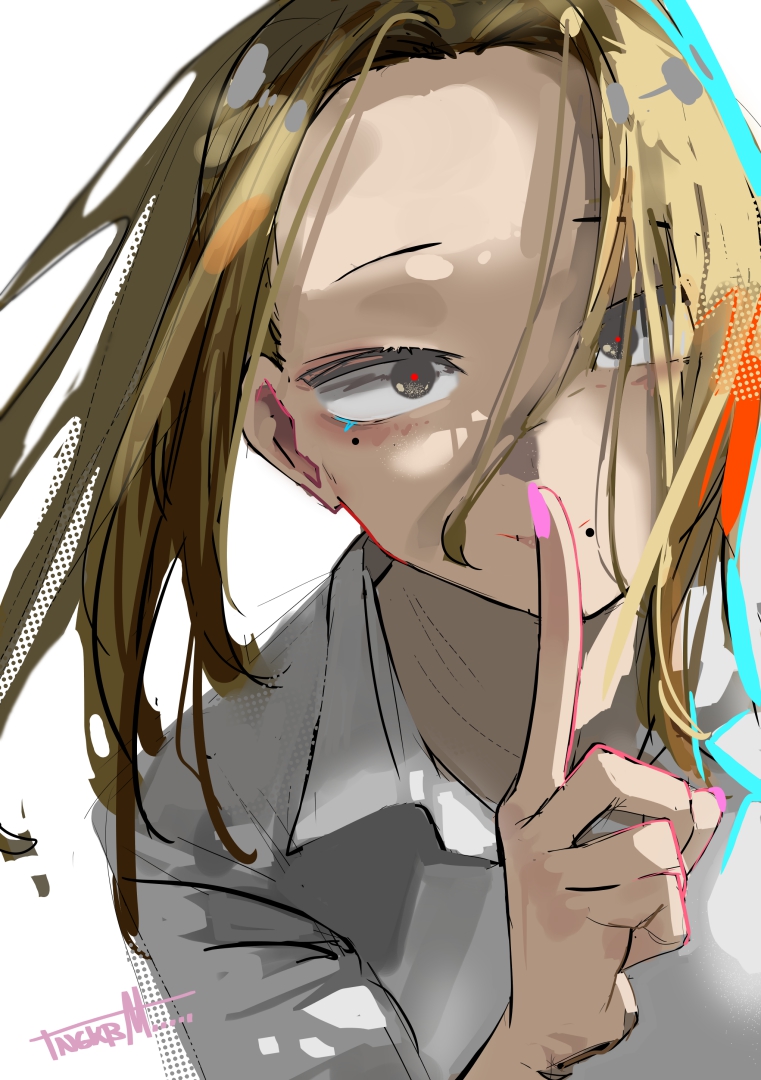 1girl, brown_hair, finger_to_mouth, forehead, komi-san_wa_komyushou_desu, onemine_nene, sketch, solo