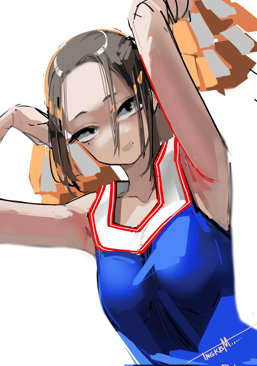 1girl, armpits, brown_hair, character_request, cheerleader, forehead, highres, komi-san_wa_komyushou_desu