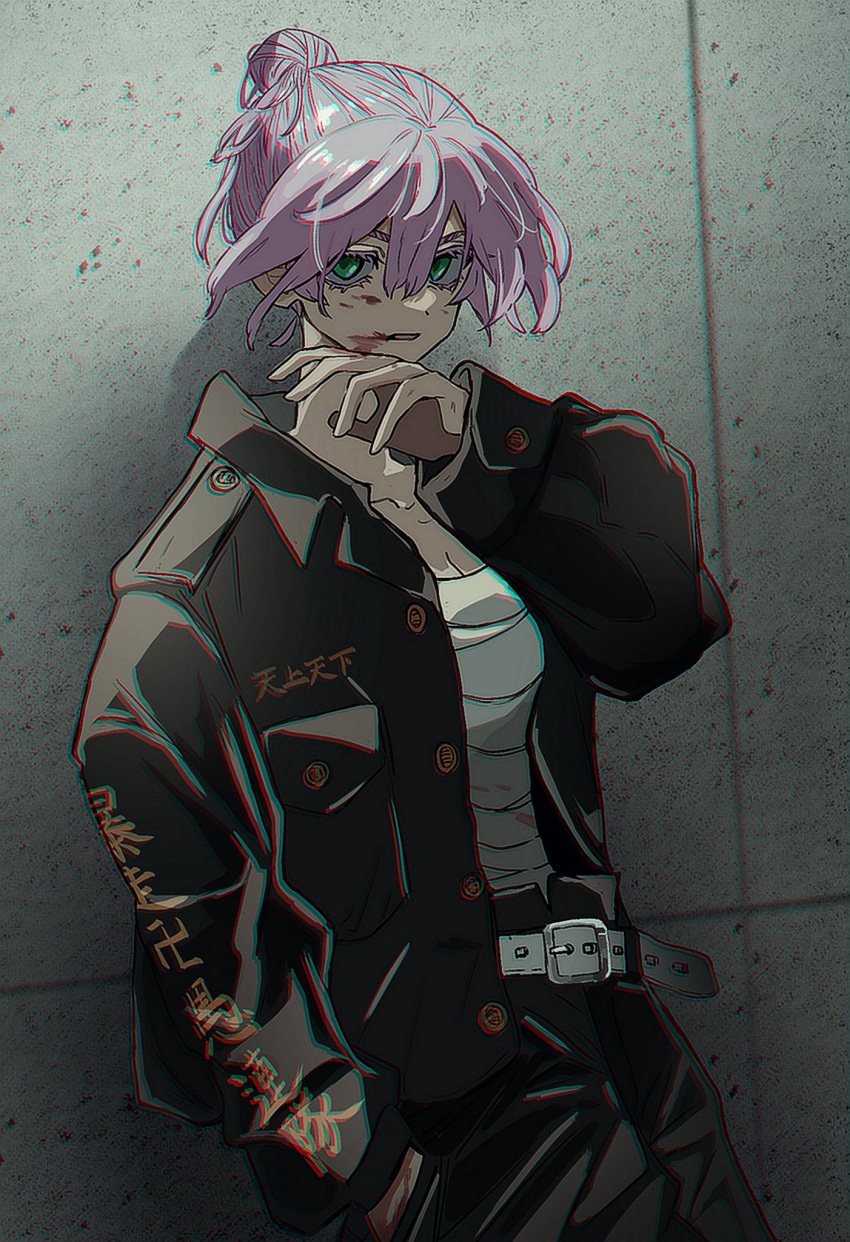 1girl, akashi_senju, bangs, belt, black_jacket, black_pants, blood, blood_on_face