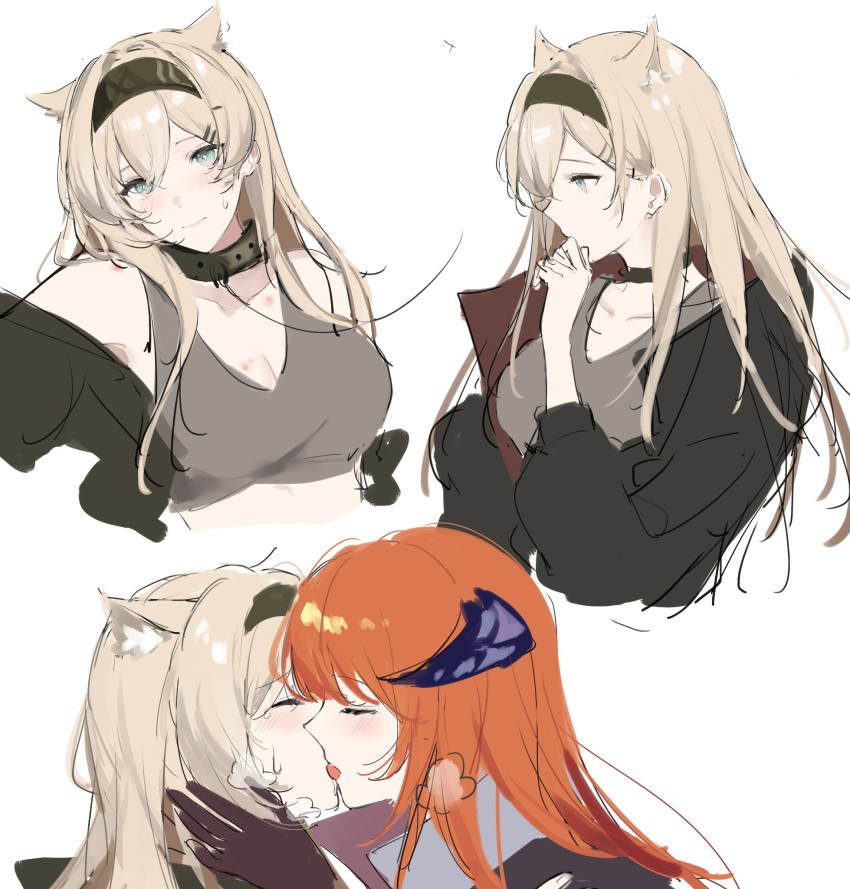2girls, animal_ears, arknights, bagpipe_(arknights), black_jacket, blonde_hair, blue_eyes, closed_eyes