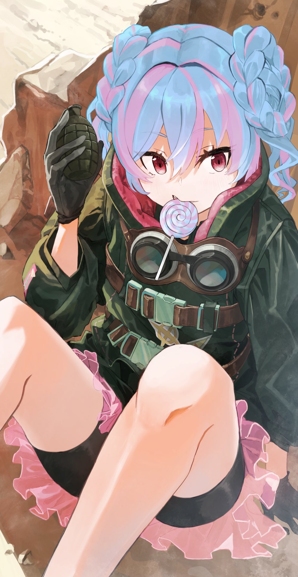1girl, alchemy_stars, arm_support, bangs, bike_shorts, black_gloves, black_shorts, blue_hair