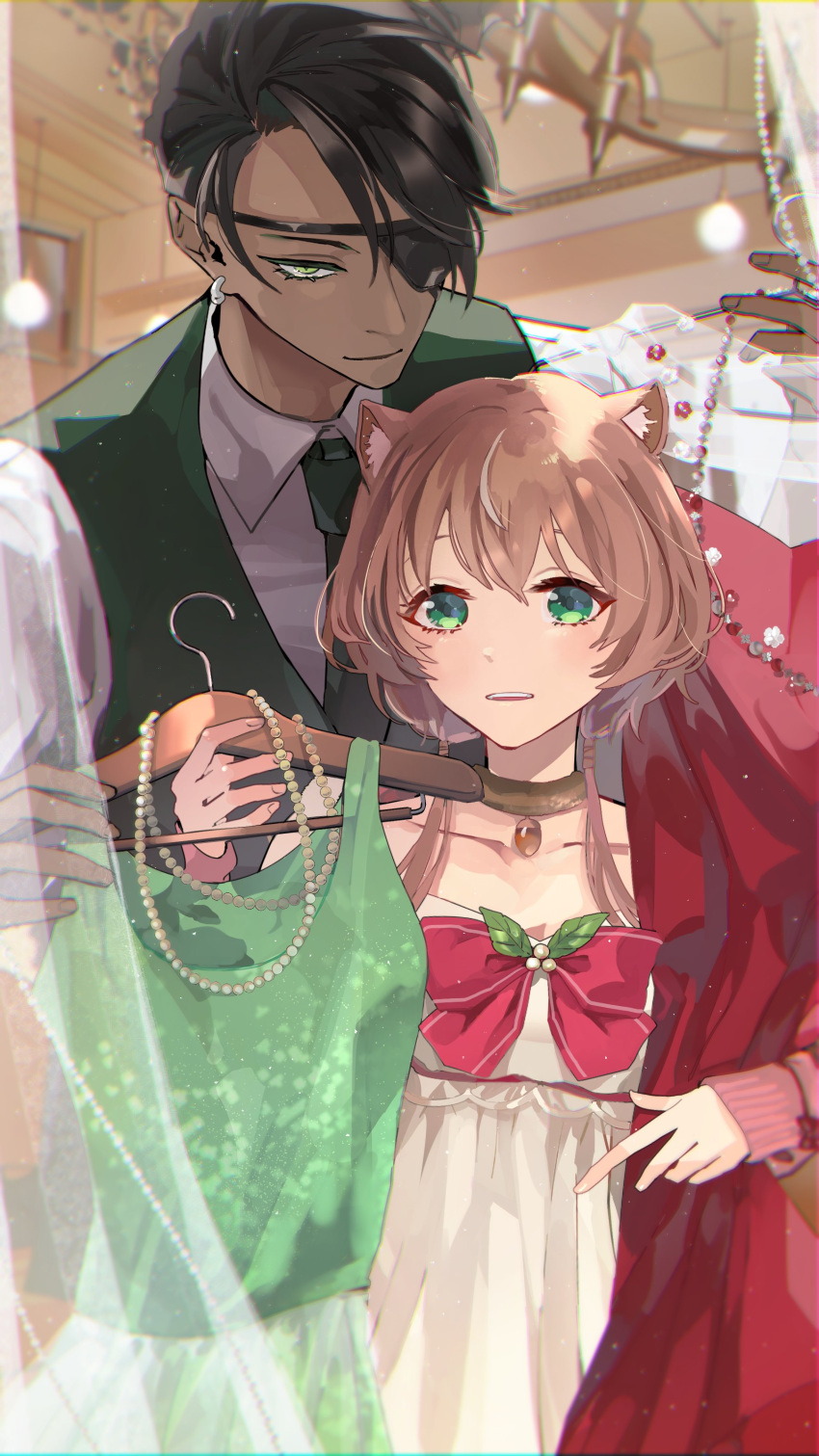 1boy, 1girl, absurdres, animal_ears, aragami_oga, ayunda_risu, black_hair, bow