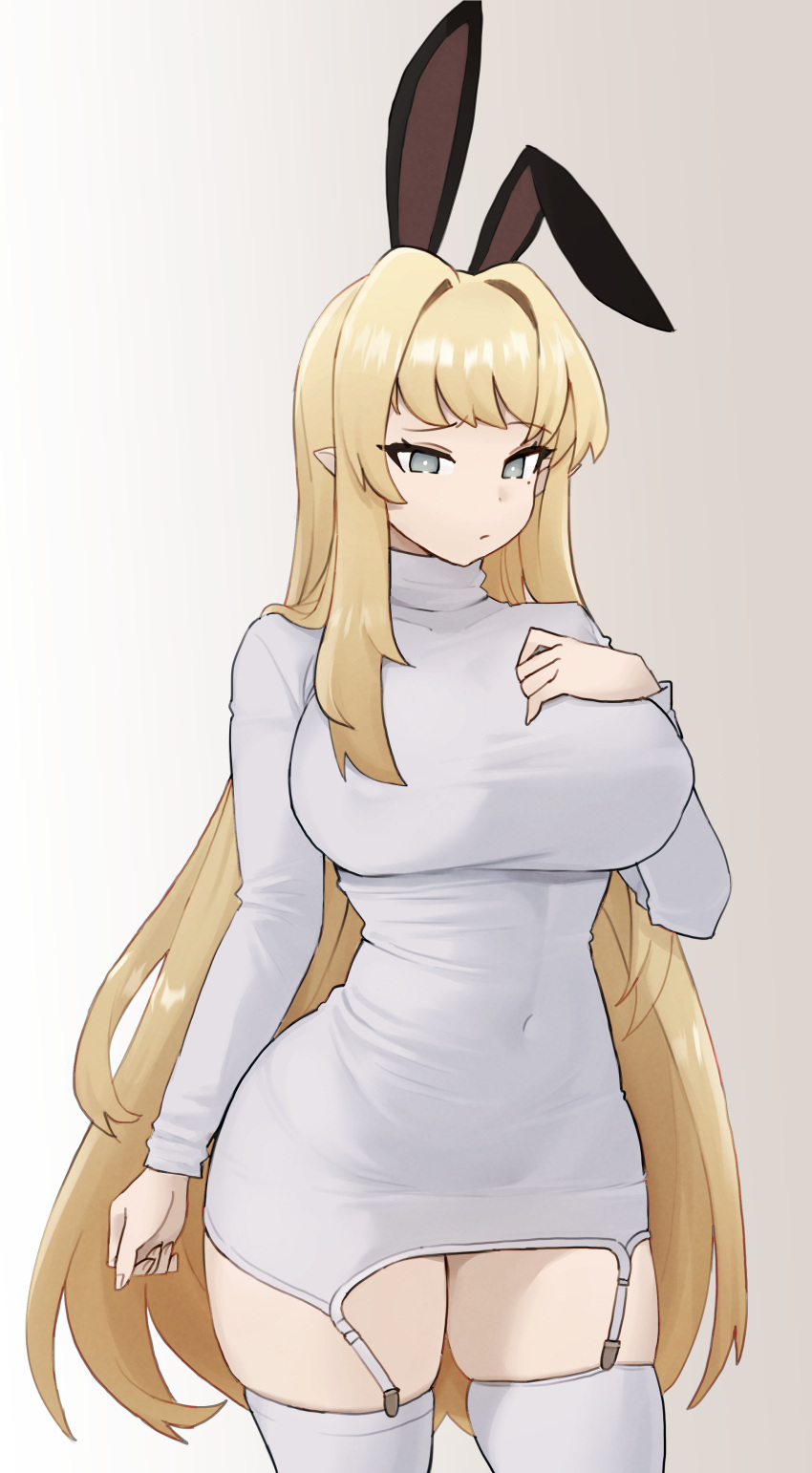 1girl, absurdres, animal_ears, blonde_hair, breasts, bright_pupils, commission, covered_navel, covered_nipples, cowboy_shot, dress, eyebrows, garter_straps, gradient, gradient_background, grey_eyes, grey_legwear, hand_on_breast, hand_on_own_chest, highres, huge_breasts, jorin, long_hair, long_sleeves, mole, mole_under_eye, original, pointy_ears, rabbit_ears, rabii, second-party_source, short_dress, sidelocks, simple_background, skindentation, solo, sweater, sweater_dress, thigh-highs, turtleneck, turtleneck_sweater, very_long_hair, white_pupils