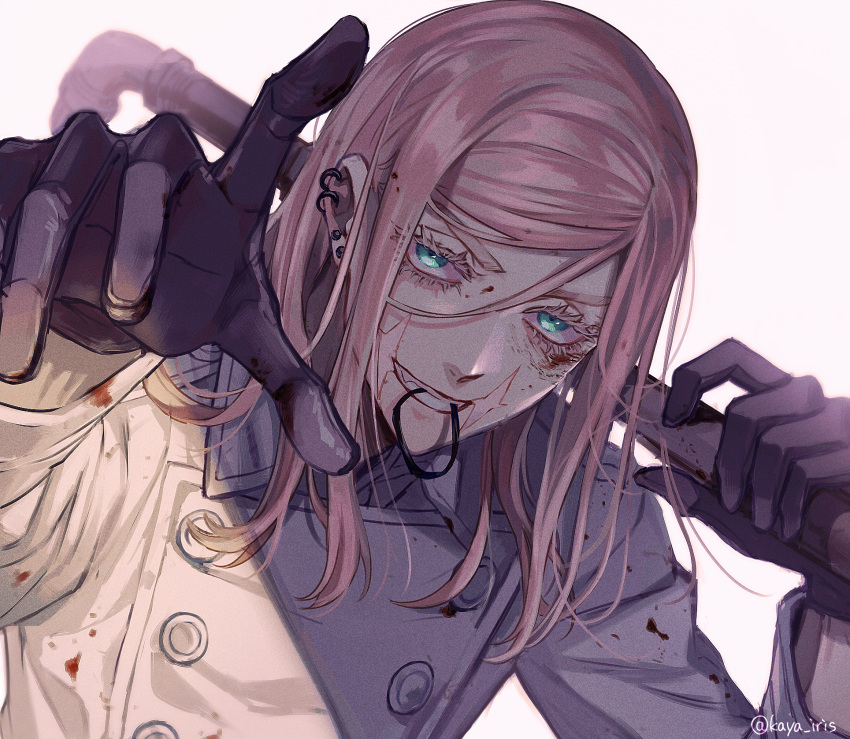 1boy, bangs, black_gloves, blood, blood_on_clothes, blood_on_face, blue_eyes, earrings
