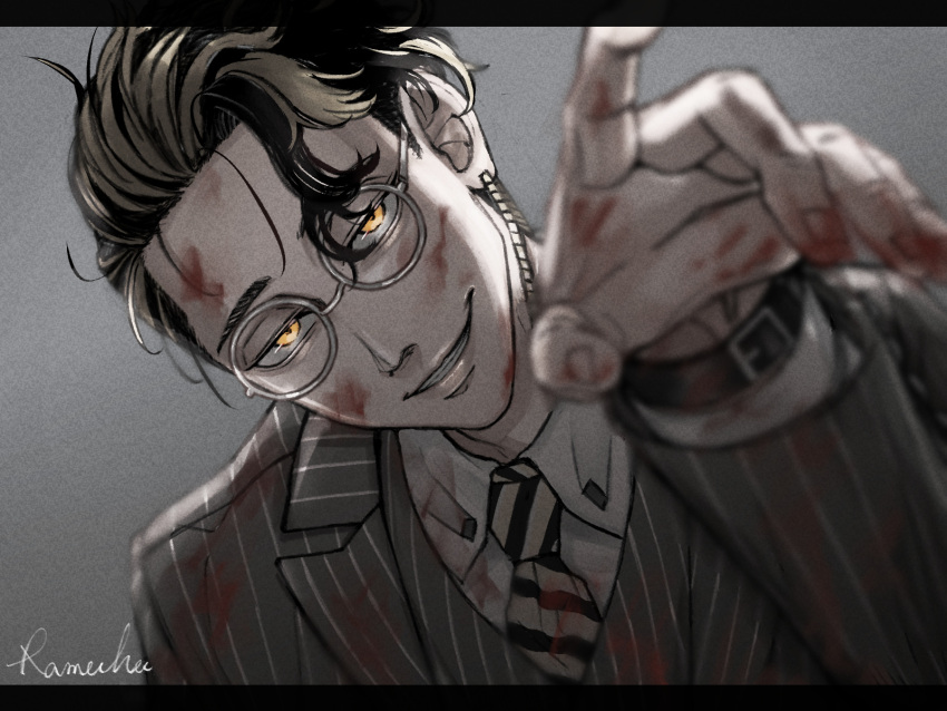 1boy, asymmetrical_hair, black_hair, blonde_hair, blood, blood_on_clothes, blood_on_face, blood_on_hands