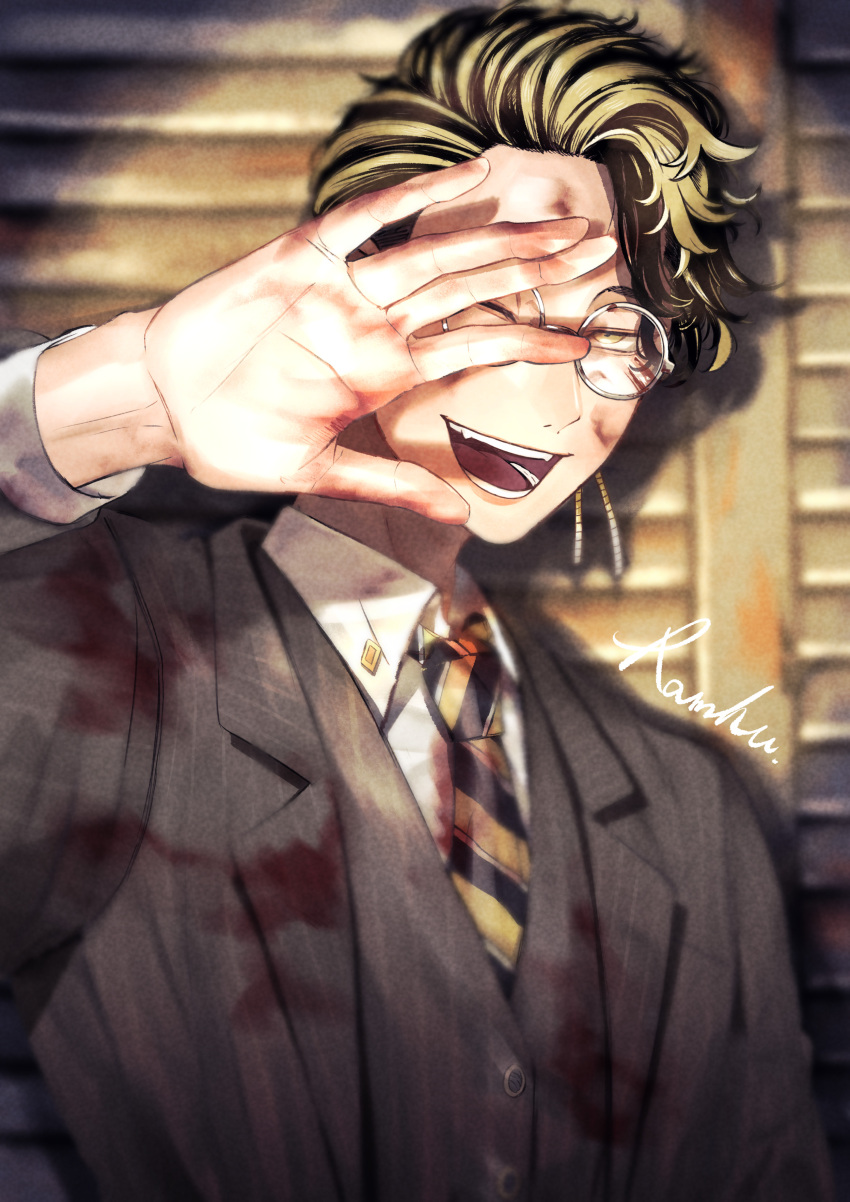 1boy, absurdres, asymmetrical_hair, black_hair, blonde_hair, blood, blood_on_face, collared_shirt
