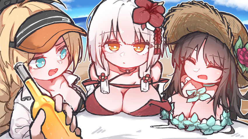 3girls, beach, bikini, black_survival, blonde_hair, blue_eyes, bottle, breasts