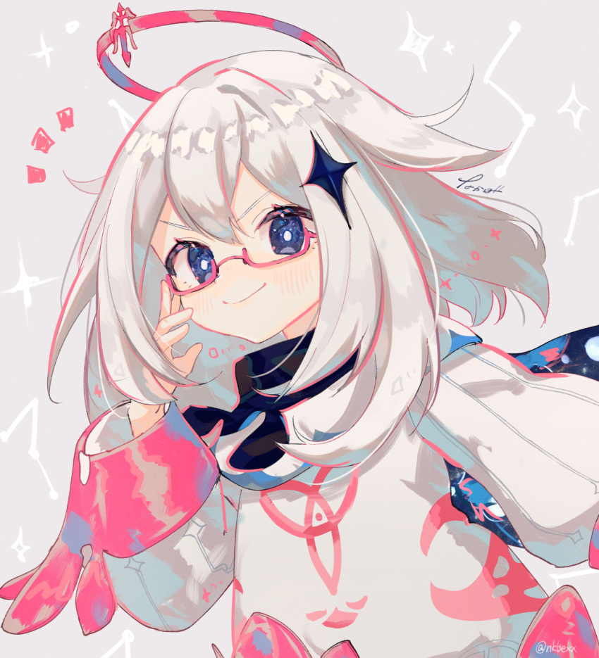 1girl, bespectacled, blue_eyes, commentary_request, dress, genshin_impact, glasses, grey_hair
