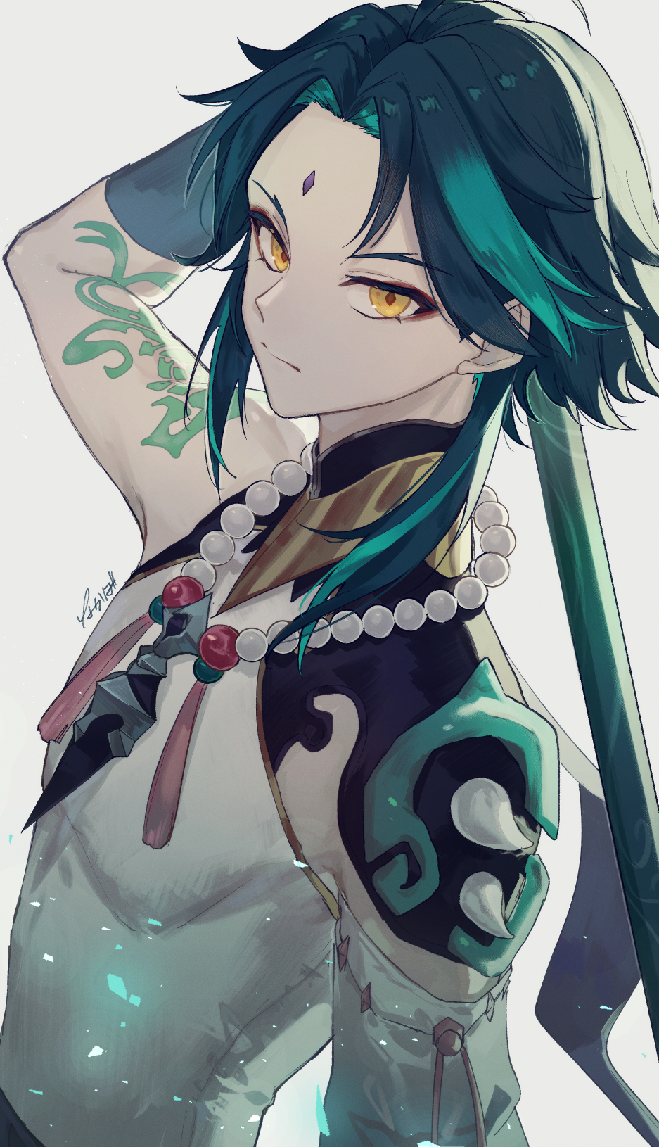 1boy, arm_tattoo, bead_necklace, beads, black_hair, closed_mouth, facial_mark, forehead_mark