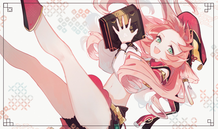 1girl, book, boots, brown_shorts, detached_sleeves, falling, floating_hair, forehead, from_side, genshin_impact, green_eyes, highres, holding, holding_book, long_hair, midriff, nakaba_(mode), navel, pink_hair, red_footwear, red_headwear, shorts, smile, solo, yanfei_(genshin_impact)