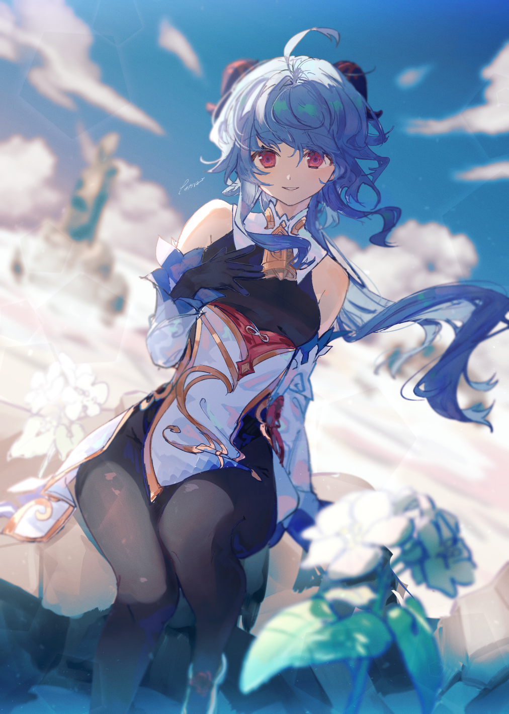 1girl, ahoge, bangs, bell, black_bodysuit, black_gloves, blue_hair, blurry
