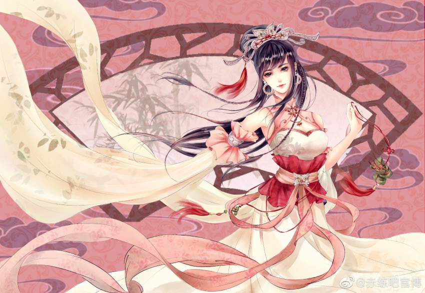 1girl, bad_link, bamboo, chi_lian_(qin_shi_ming_yue), chi_lian_qiju_zhu, dress, hair_bun, hand_fan