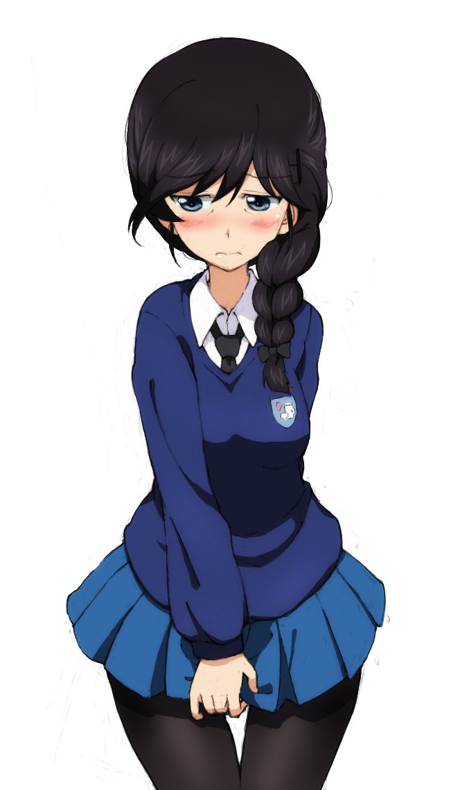 1girl, black_hair, black_legwear, black_necktie, blue_eyes, blue_skirt, blue_sweater, blush