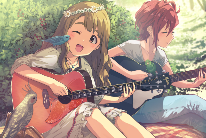 2girls, ;d, animal_on_shoulder, bird, bird_on_intrument, bird_on_shoulder, blush, brown_hair